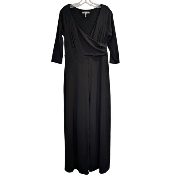 BRAVISSIMO Like New Curvy Ribbed Stretch Jumpsuit 10 Black 3/4 Sleeve Wide Leg